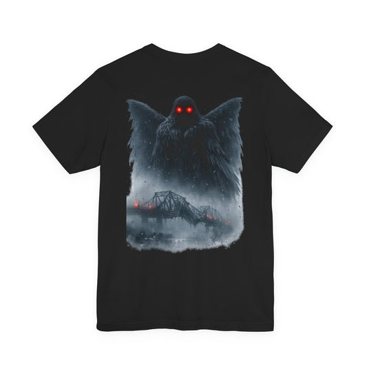 Dark figure with glowing red eyes above a decaying bridge in fog.