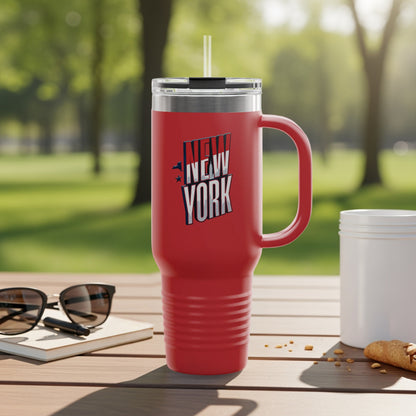 Tumbler with New York state outline graphic and city names.