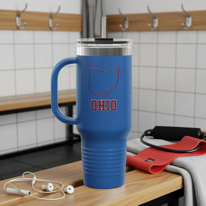 Travel mug with Ohio map graphic and city names.