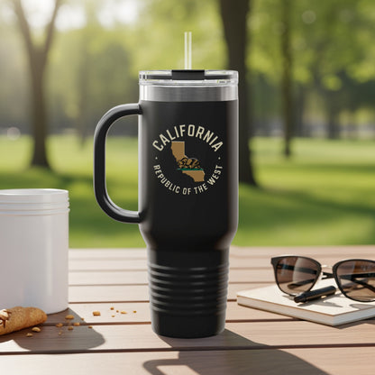 Black travel tumbler with California Republic logo and handle, outdoors.