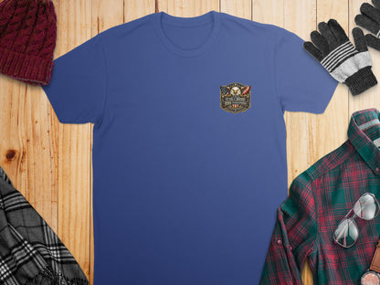 Blue t-shirt with patriotic 1776-2026 250th anniversary emblem on chest.
