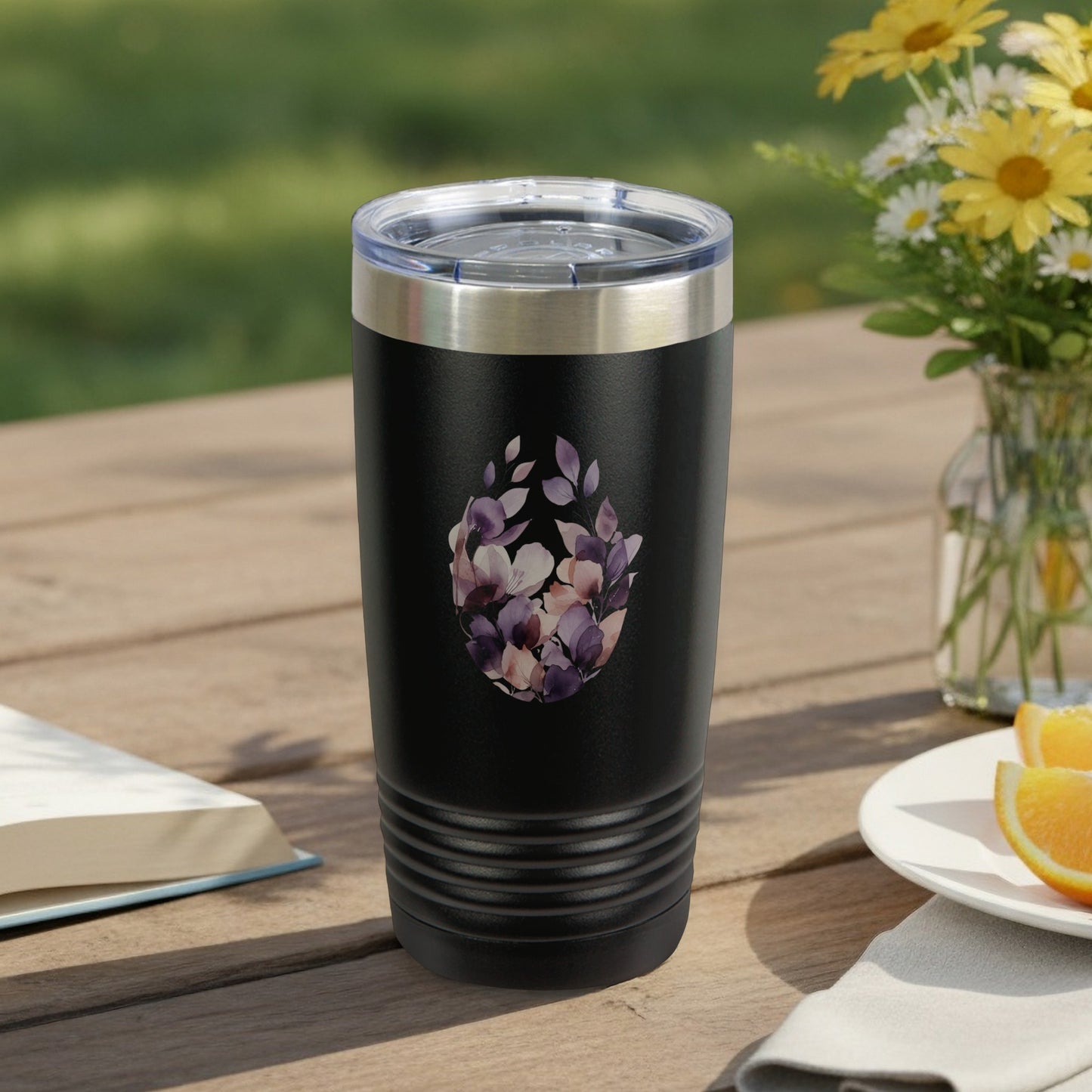 Floral Patterned Black Tumbler Travel Insulated Mug