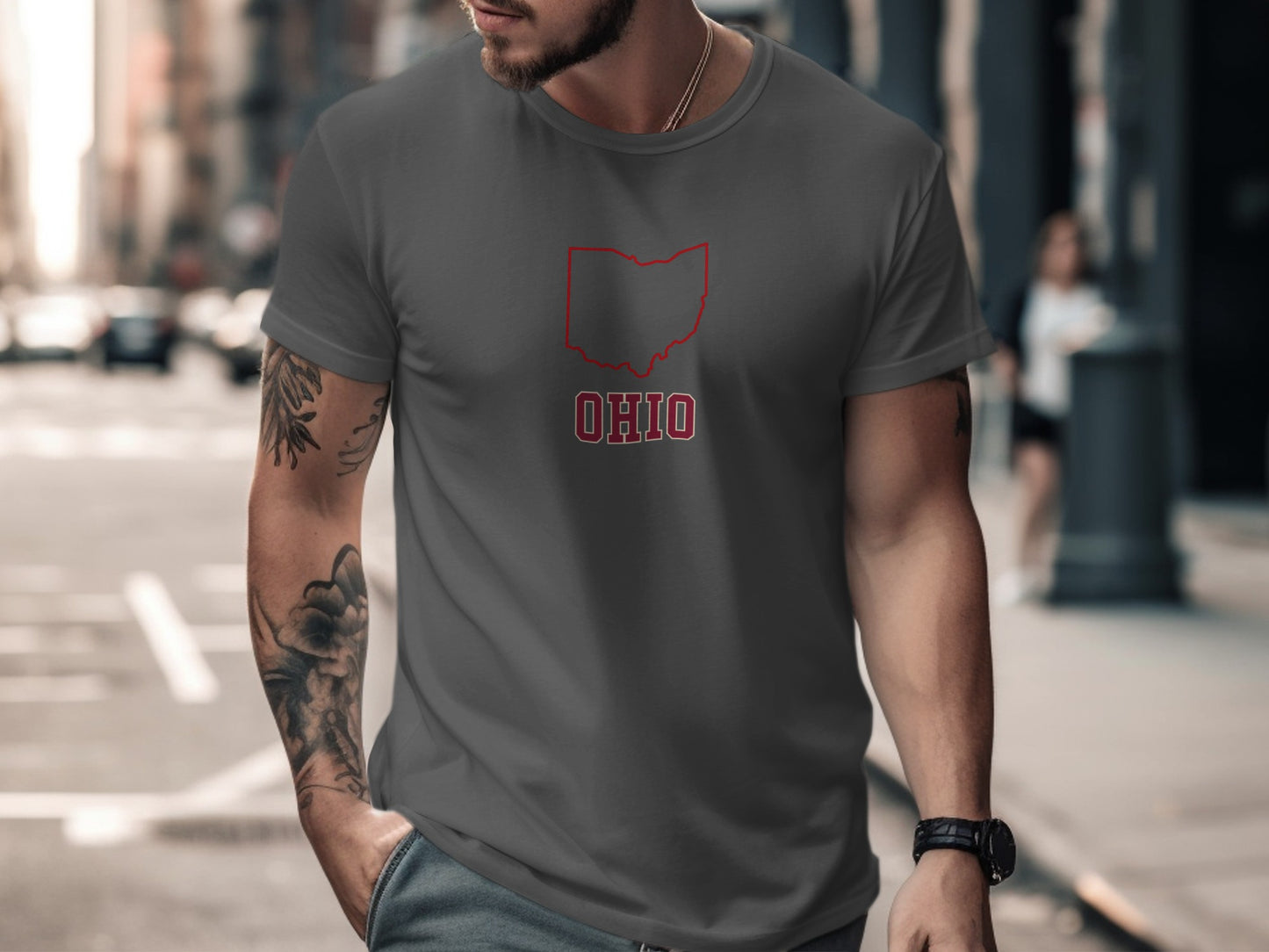 Gray t-shirt with red Ohio outline and text.