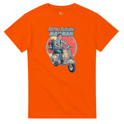 Man wearing a t-shirt with a retro design of a man on a scooter.