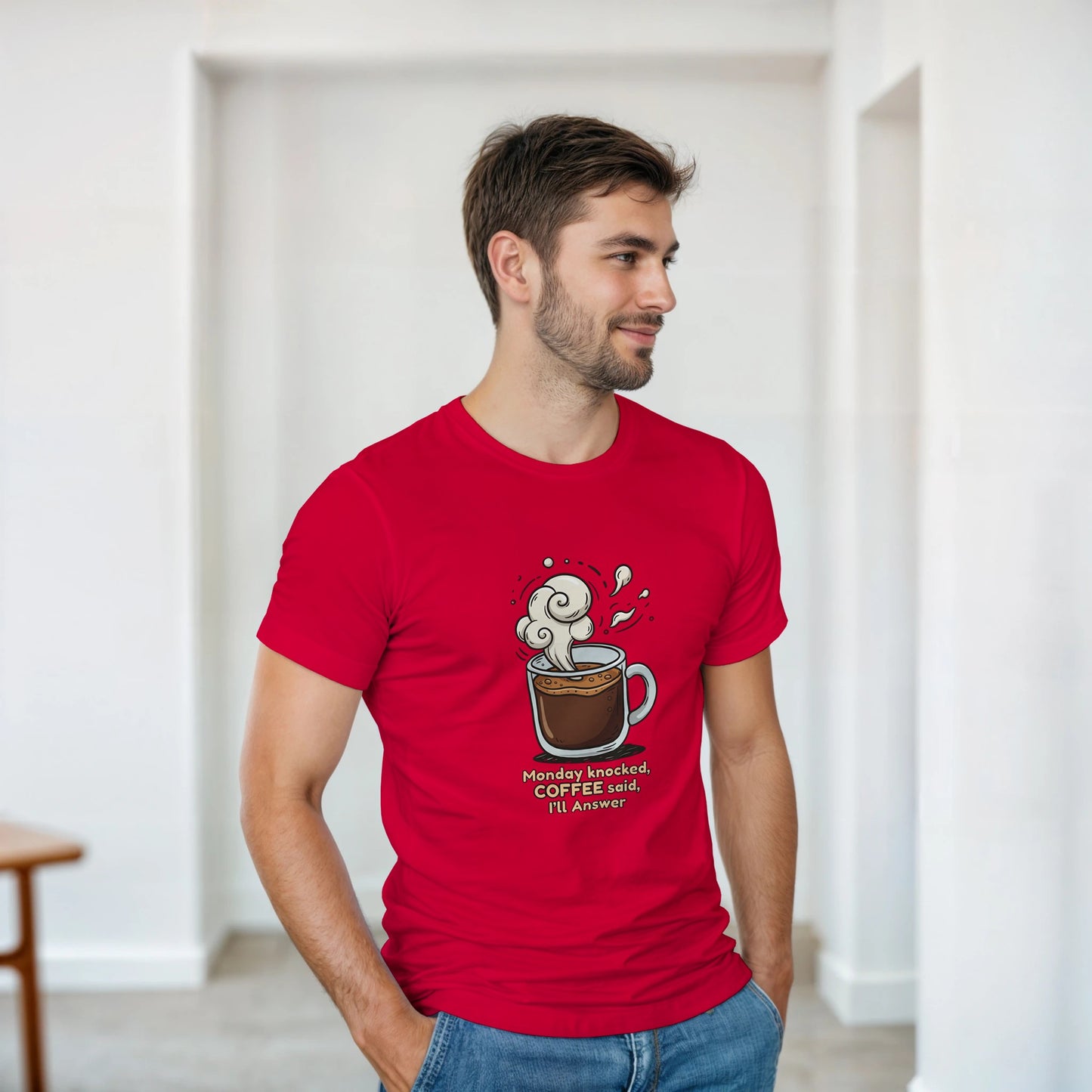 Monday Knocked, Coffee Answered on a Heavyweight Caffeine Lover T on a Shirt