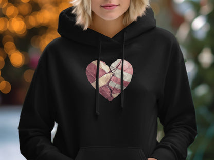 Cracked Heart and Flag Design on Black Hoodie