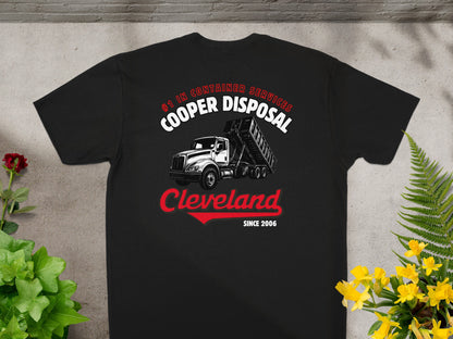 Cooper Disposal #1 in container services t-shirt with truck graphic and Cleveland.