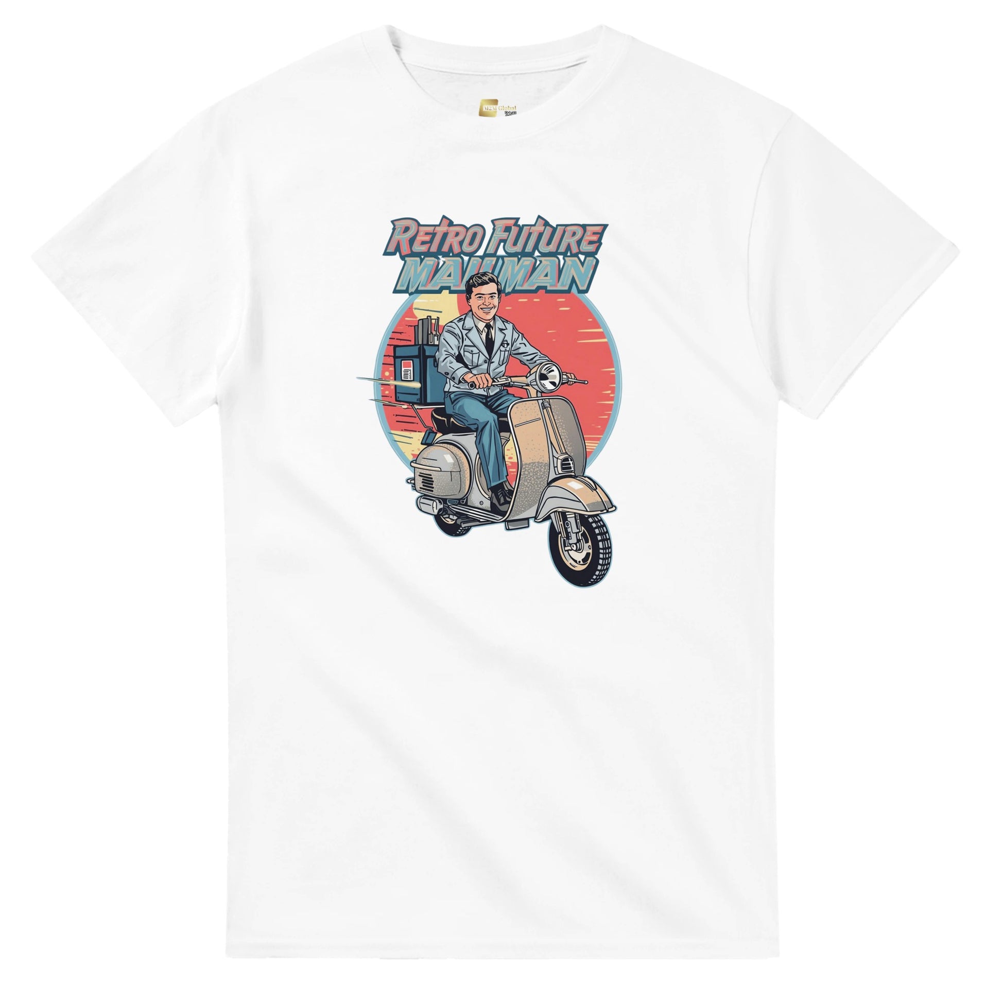 Man wearing a t-shirt with a retro design of a man on a scooter.