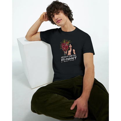 Woman wearing a t-shirt with a graphic design in a mall setting