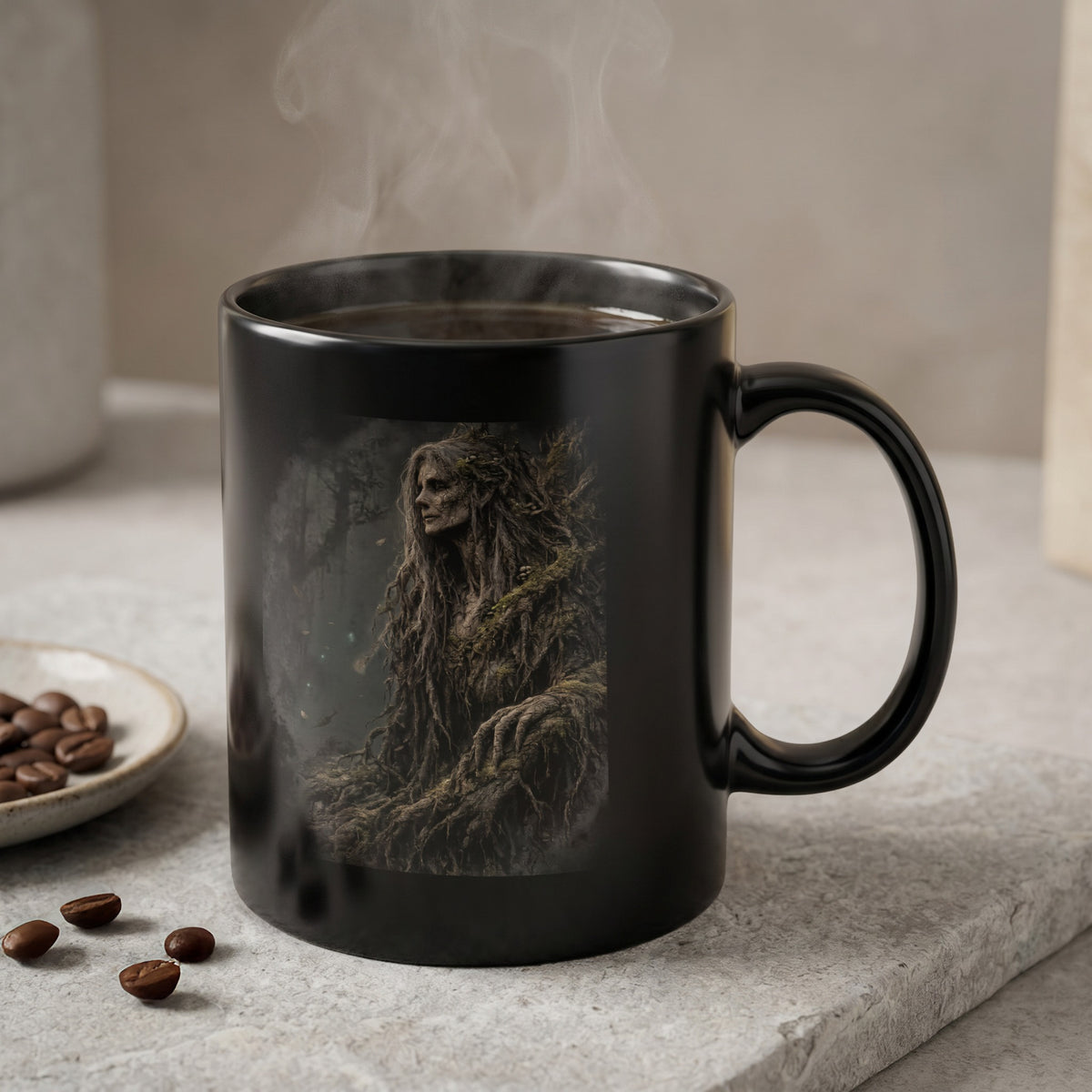 Black mug with steaming coffee features a dark forest scene with a tree-like mythical creature.