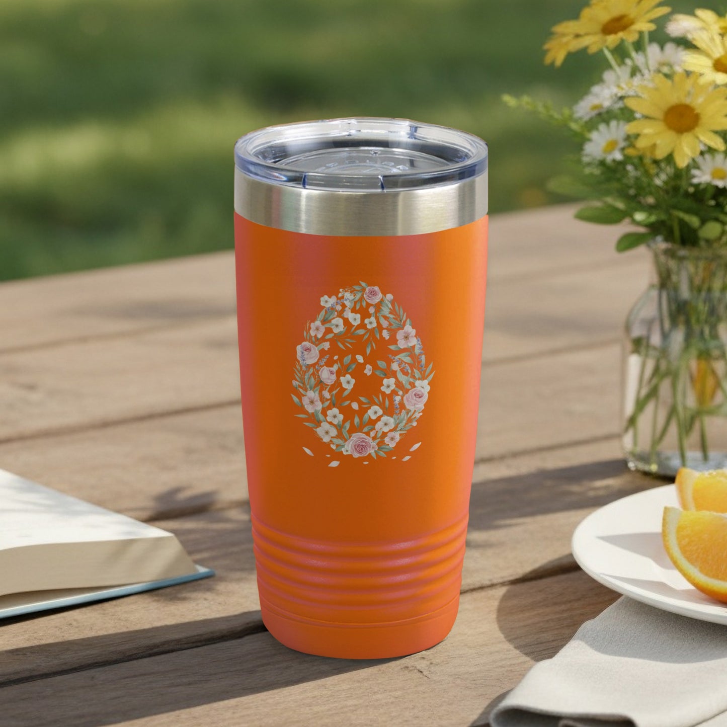 Floral Egg Design Orange Insulated Tumbler Cup