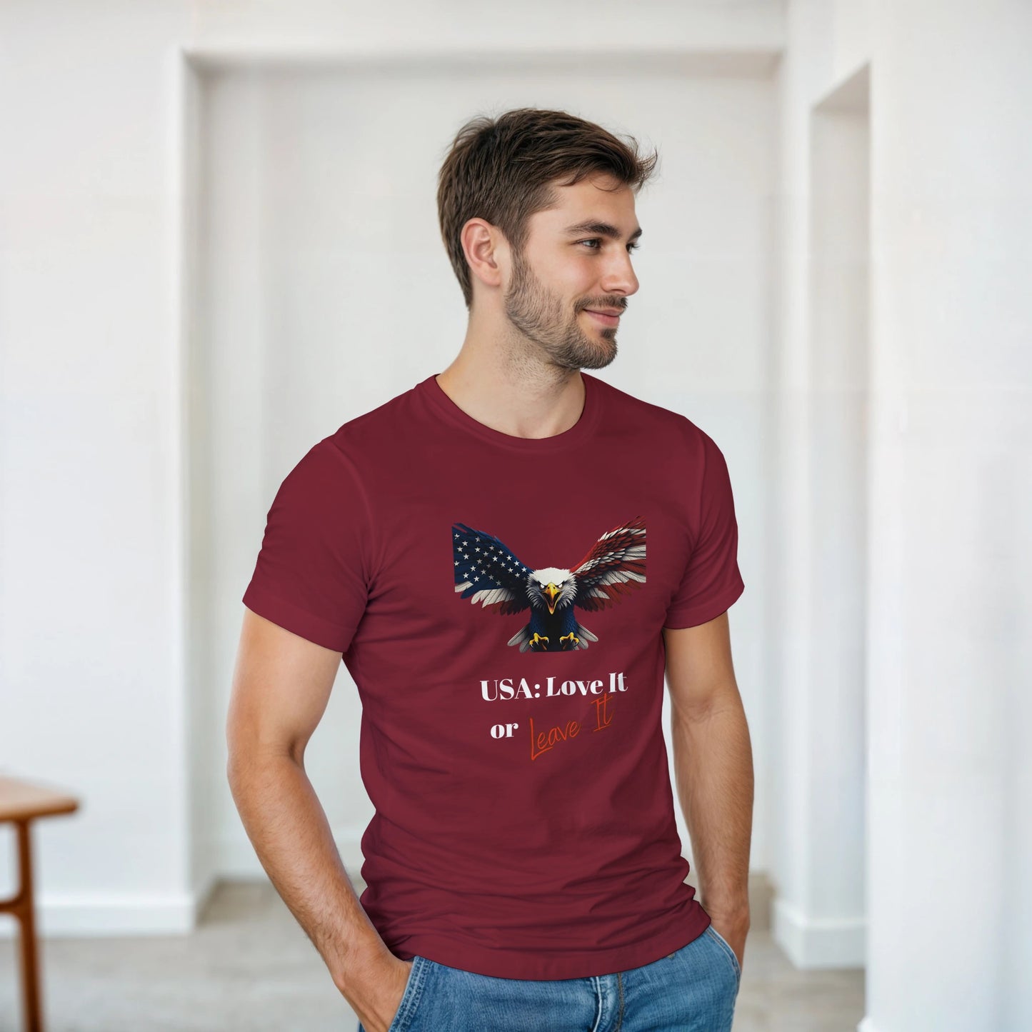 Love It or Leave It Patriotic Eagle on a Heavyweight T-shirt