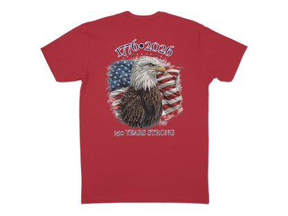 Red t-shirt with eagle and American flag graphic, "1776-2026 250 YEARS STRONG".