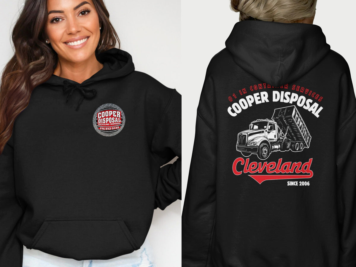 Black hoodie with Cooper Disposal logo on front and dump truck design on back.