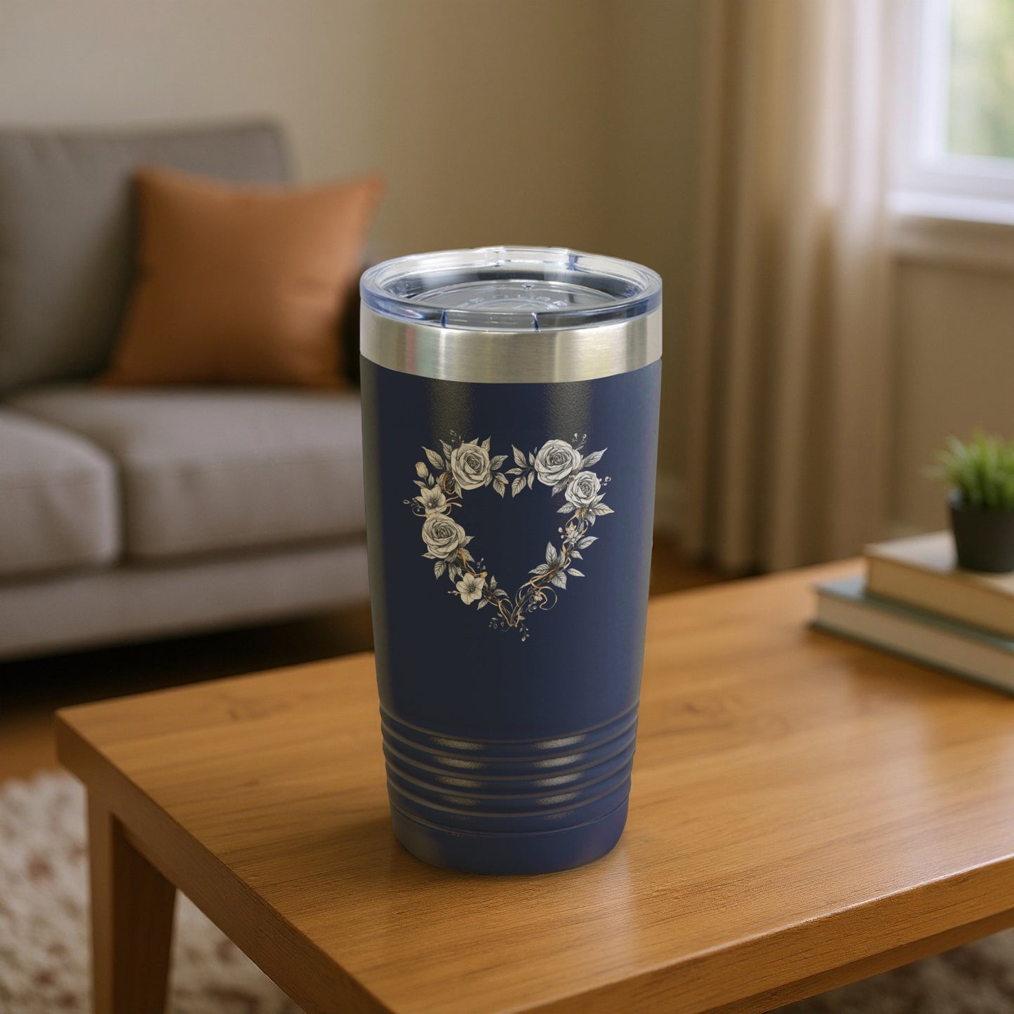 Elegant Blue Tumbler with Floral Heart Design