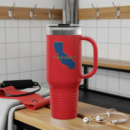Travel tumbler with California map and cities illustration.