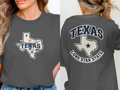 Dark gray t-shirt with Texas Lone Star State graphic on front and back.