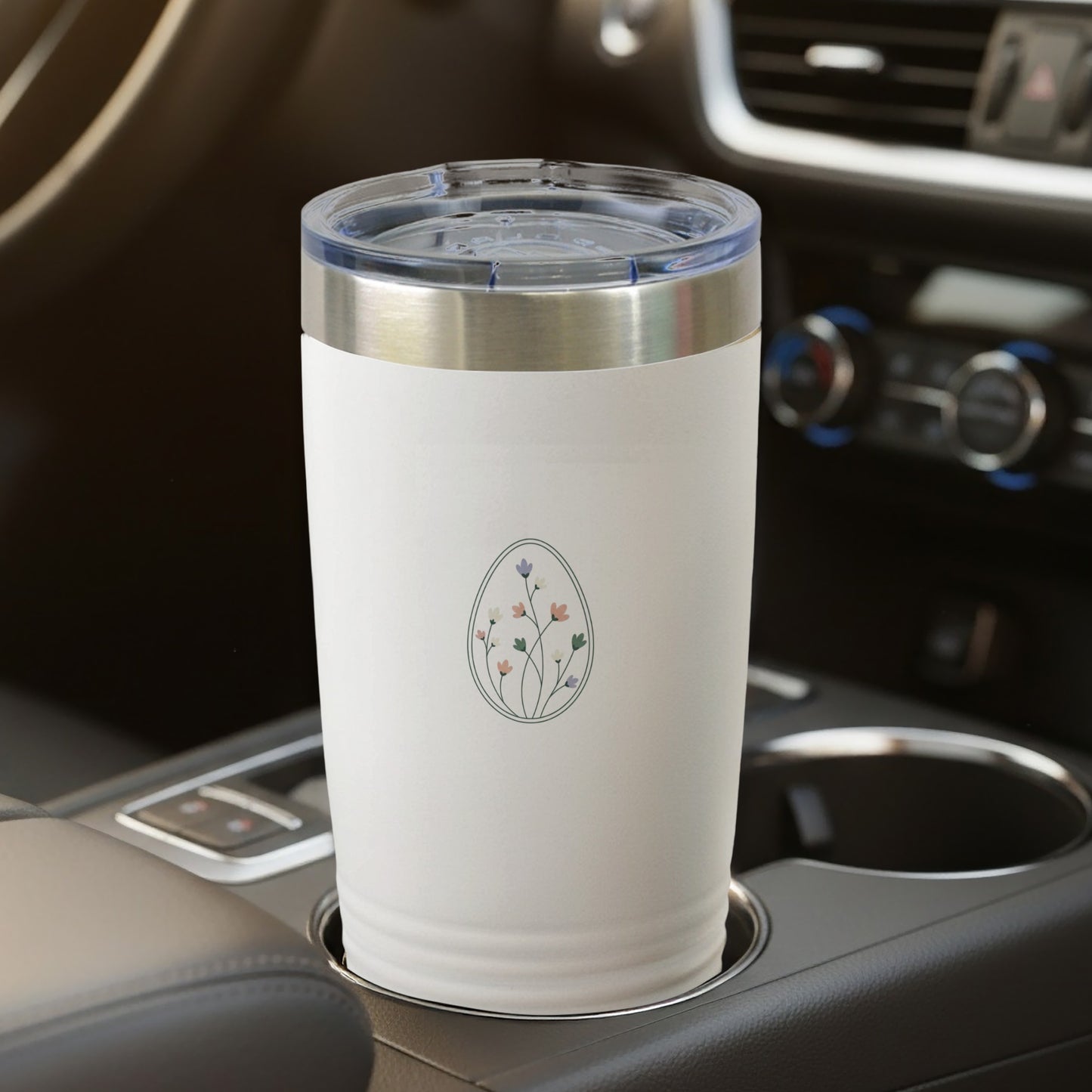 White Tumbler with Floral Egg Design for Car