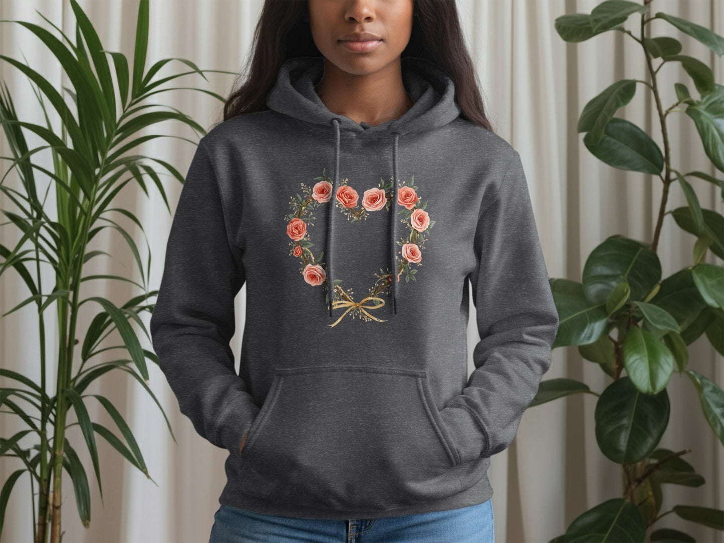 Floral Wreath with Bow Design Dark Gray Hoodie