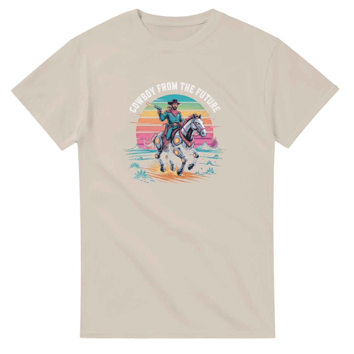 Retro-Futuristic Cowboy graphic design on a Heavyweight T-shirt