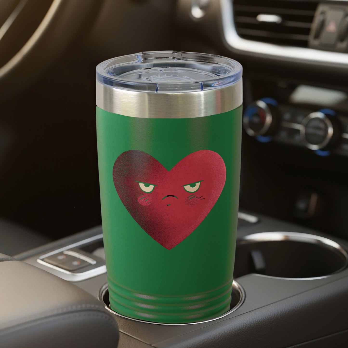 Green Tumbler with Red Heart and Angry Face Design