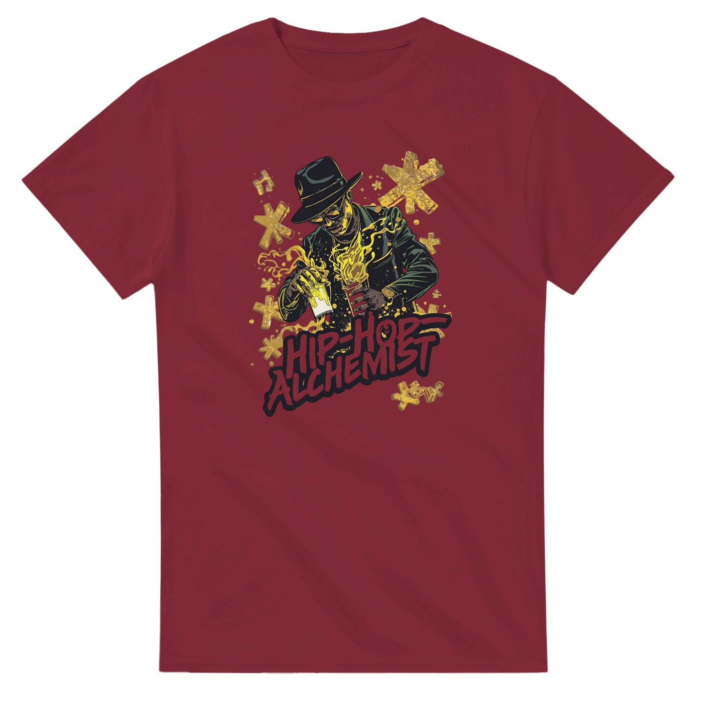 Man wearing a red t-shirt with a graphic design, holding shopping bags in a blurred indoor setting