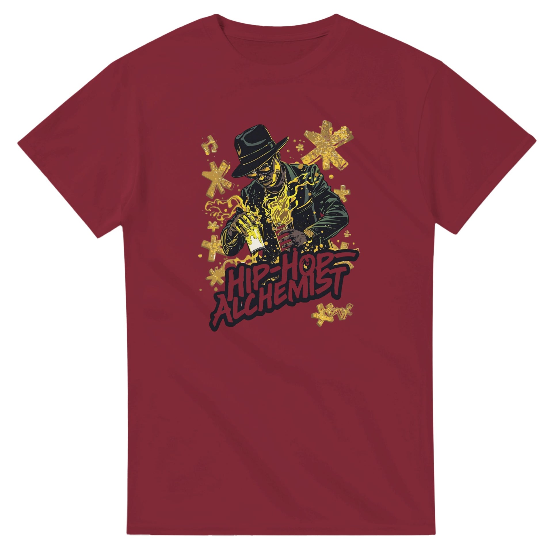 Man wearing a red t-shirt with a graphic design, holding shopping bags in a blurred indoor setting