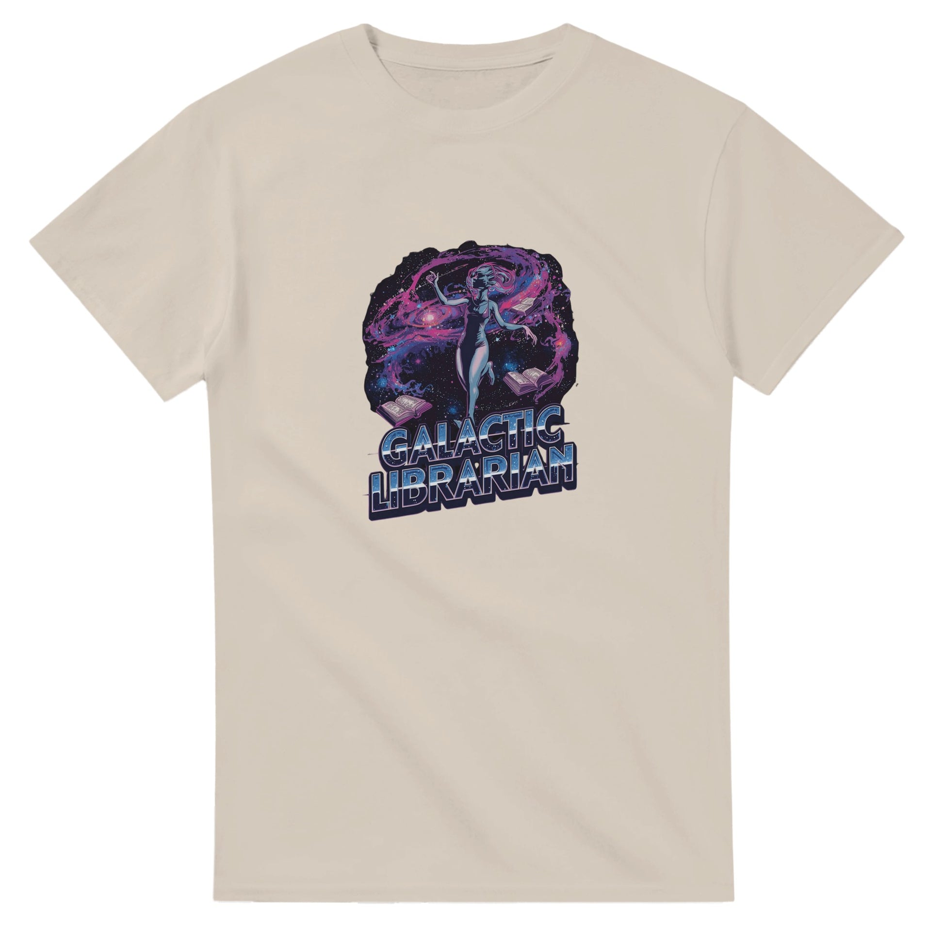 Woman wearing a red t-shirt with a graphic design, holding shopping bags in a mall.