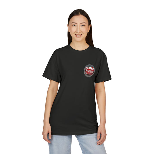 Black t-shirt with Cooper Disposal logo on the left chest.