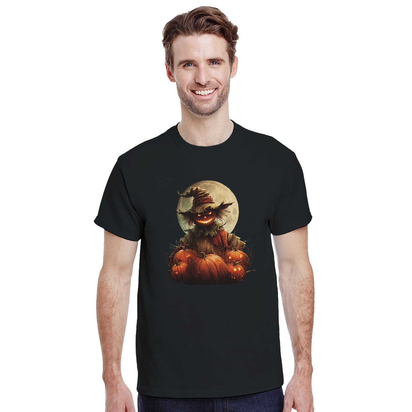 Spooky Scarecrow & Jack-O'-Lantern on a Heavyweight T-shirt