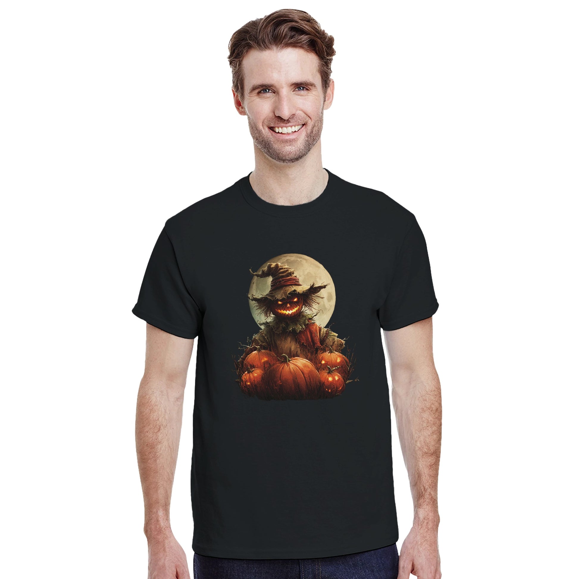 Spooky Scarecrow & Jack-O'-Lantern on a Heavyweight T-shirt