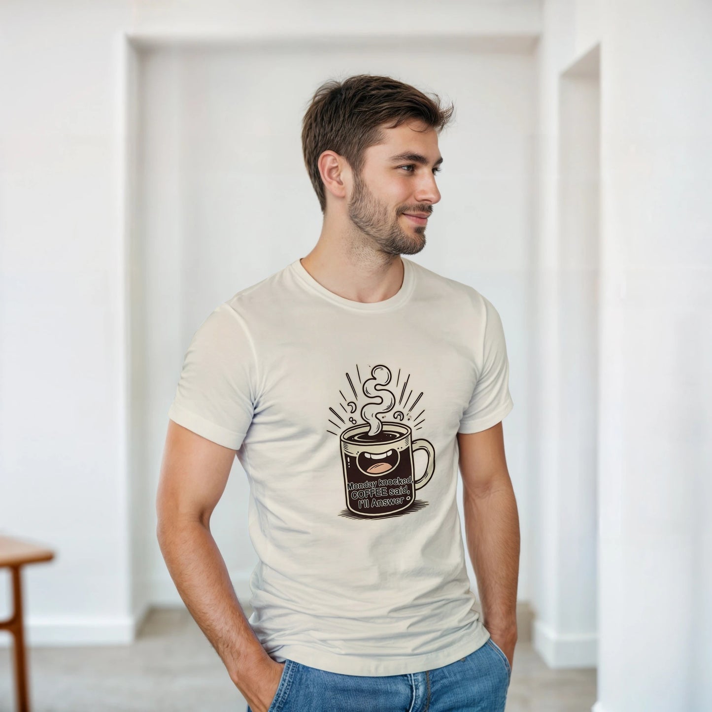 Monday Knocked, Coffee Answered on a Heavyweight Humorous Coffee Lover T on a Shirt