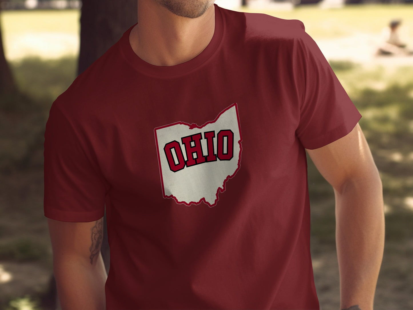 Maroon t-shirt with Ohio state outline and text.