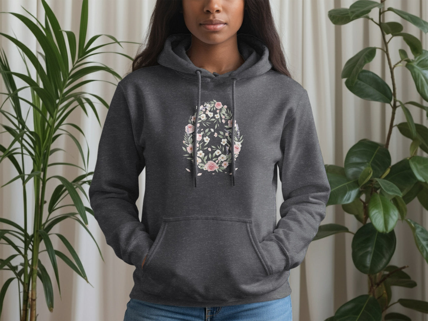 Floral Embroidered Dark Gray Hoodie with Pocket Design
