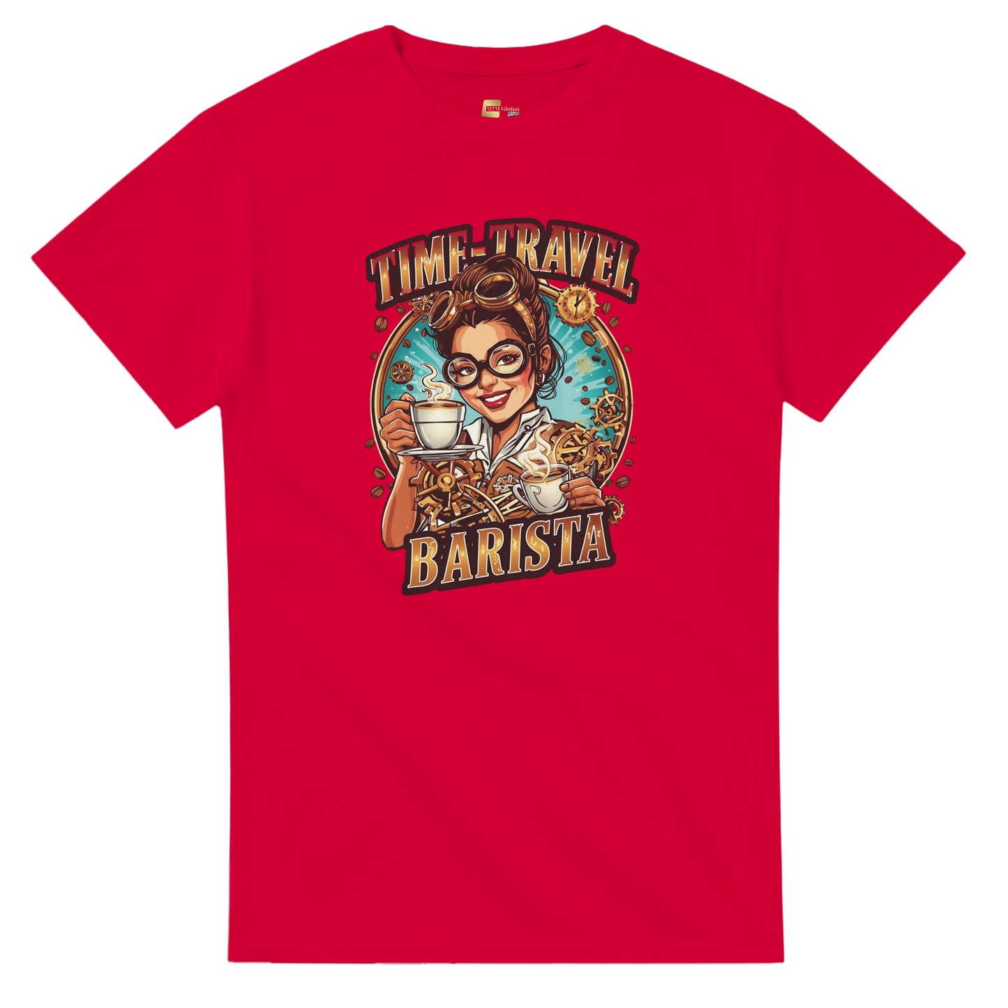 Time-Travel Barista graphic design on a Heavyweight T-shirt