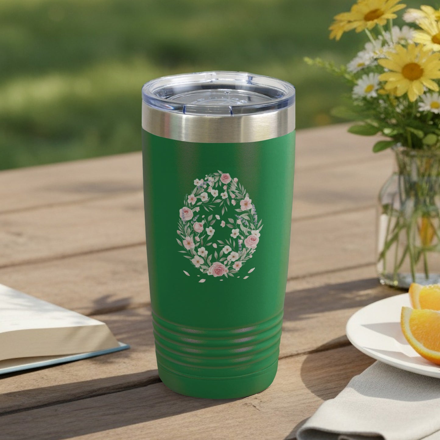 Elegant Green Tumbler with Floral Egg Design Tumbler