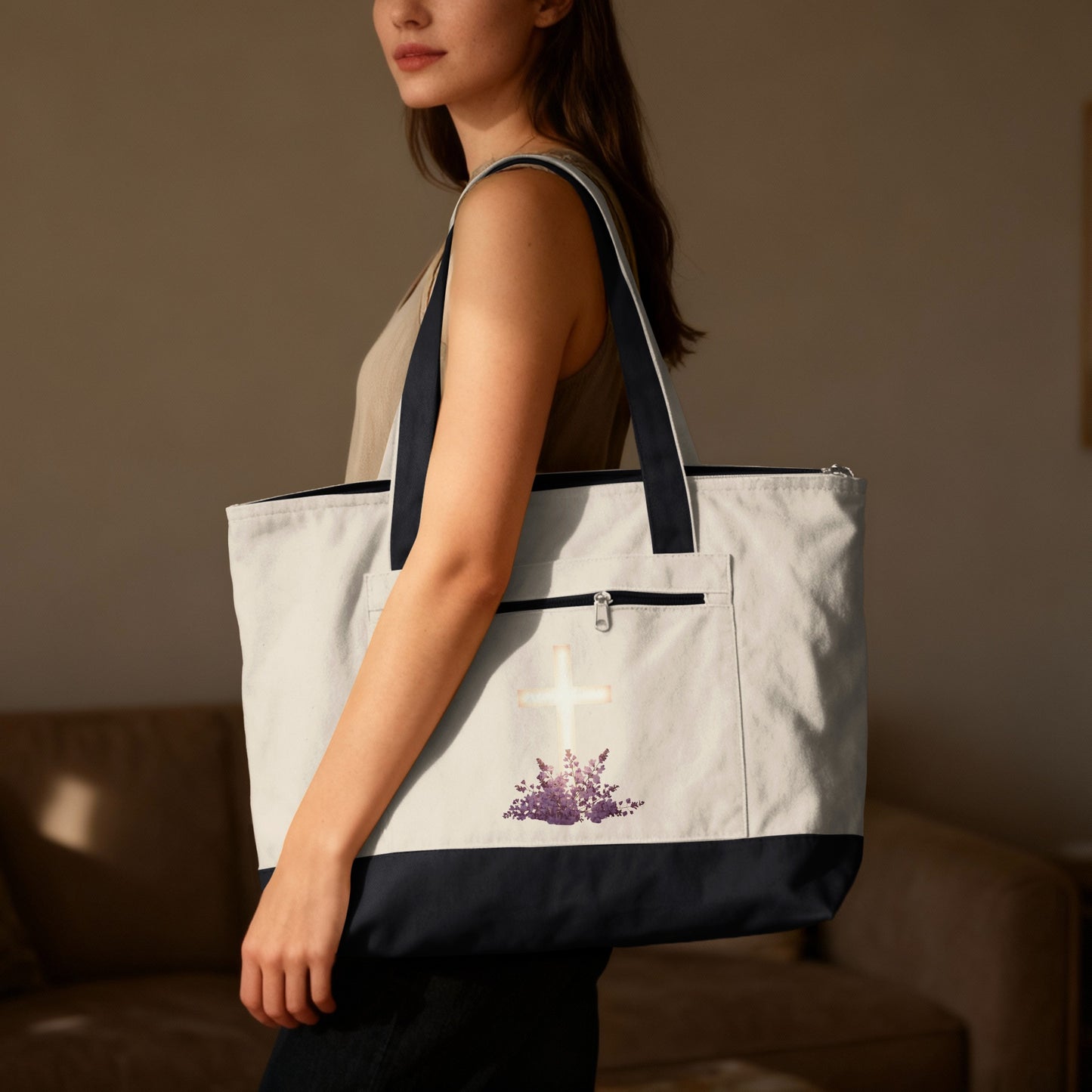 Glowing Cross Purple Flowers Tote Bag product type