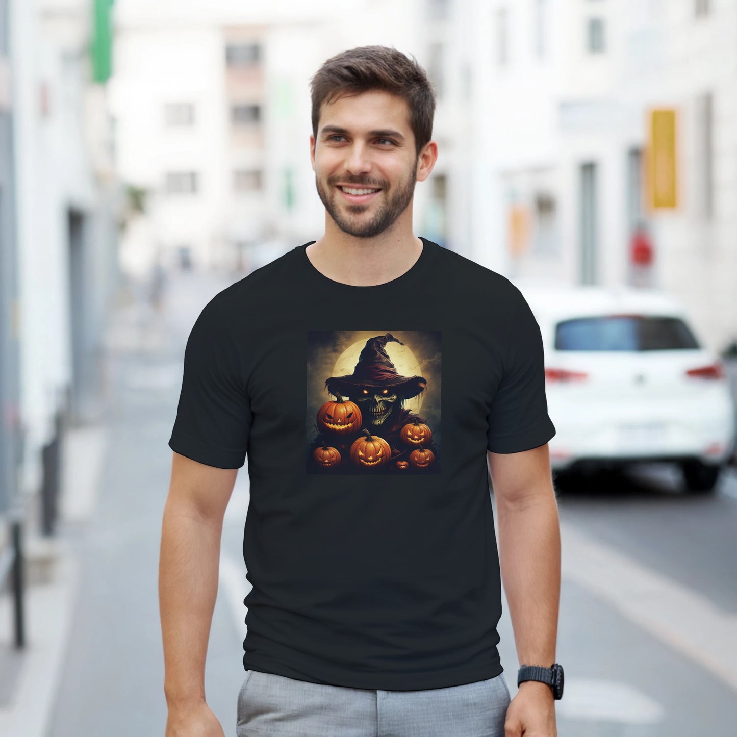 Spooky Skull Wizard & Jack-o'-Lanterns on a Heavyweight T-shirt