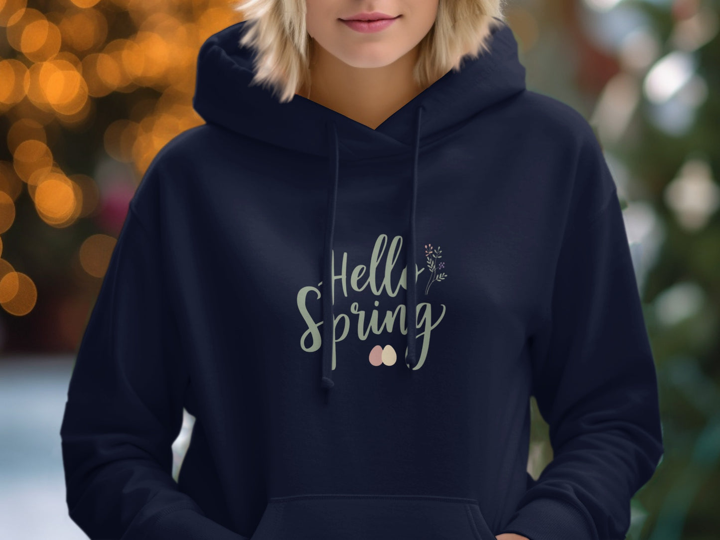 Hello Spring Hoodie with Floral and Eggs Design