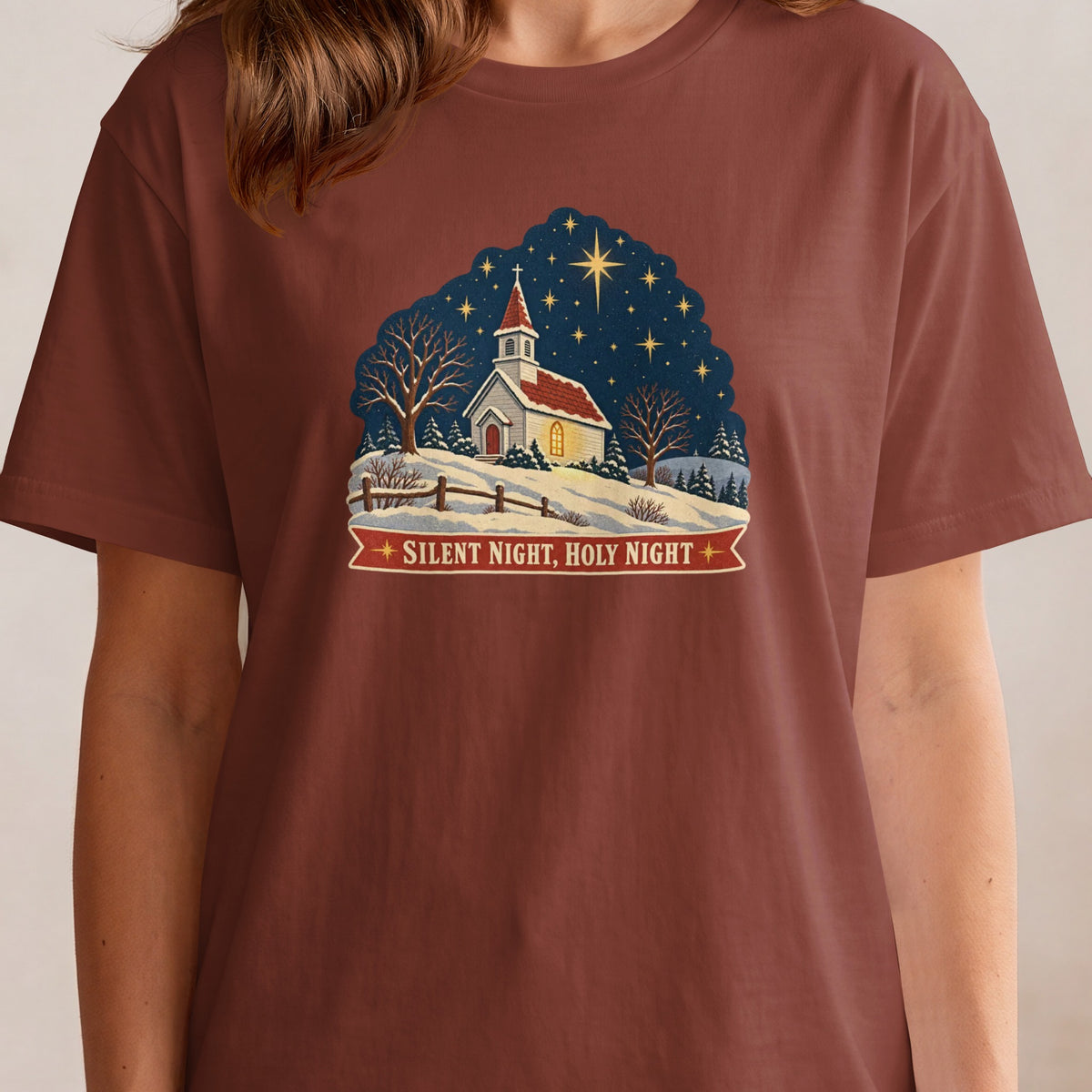 Christmas church scene with text "Silent Night, Holy Night".