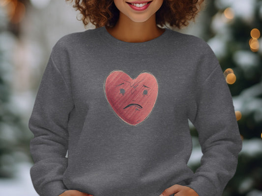 Sad Face Heart Design on Dark Sweater Apparel