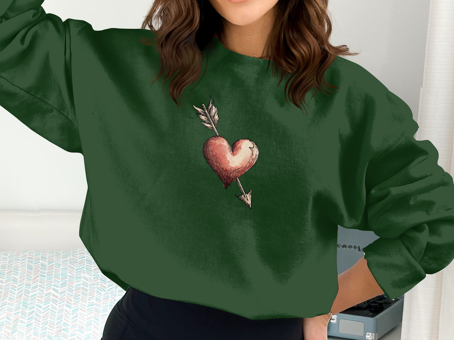 Green Sweatshirt with Heart and Arrow Design
