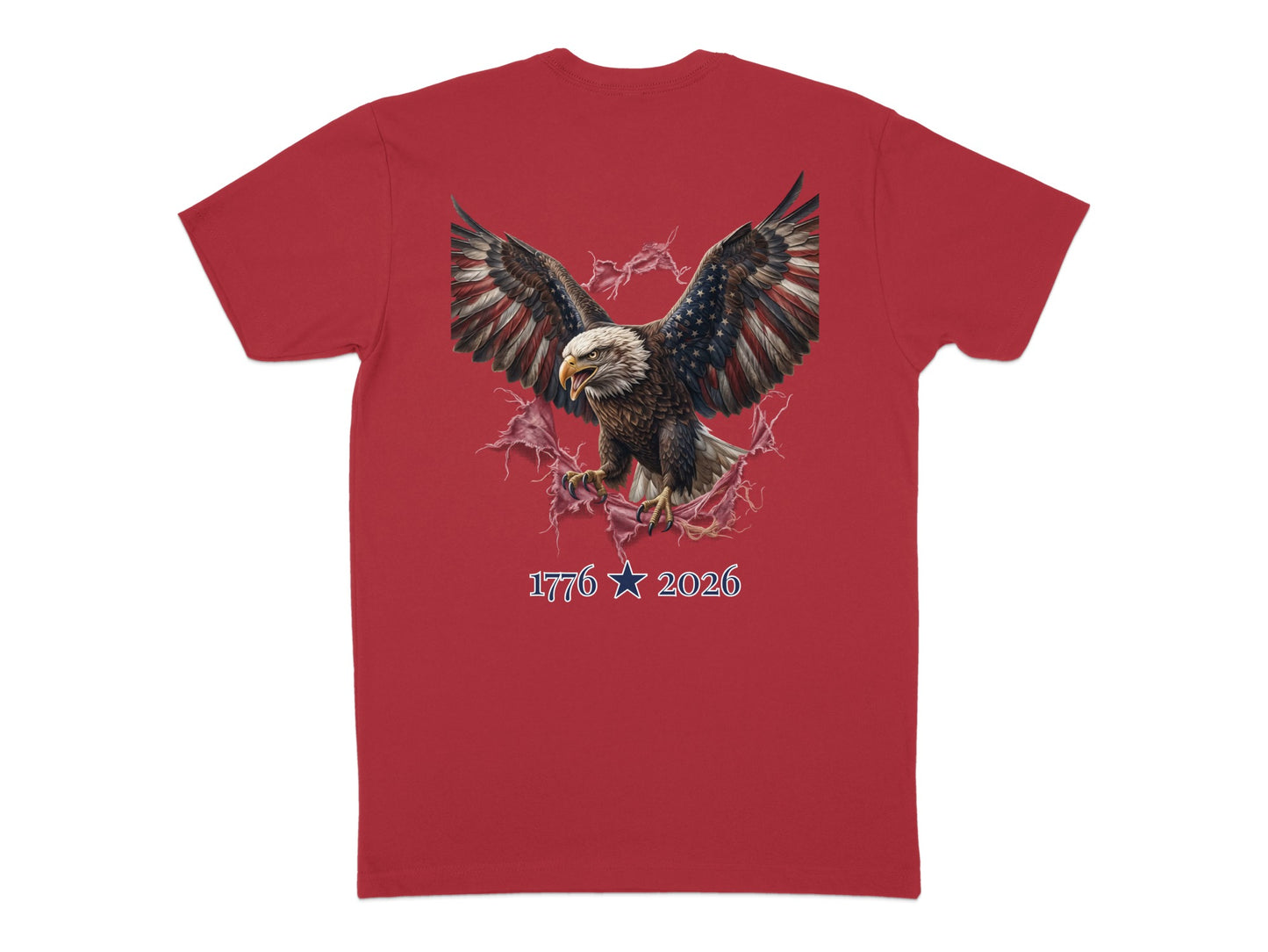 Red t-shirt with an eagle and American flag design, and text "1776 2026".