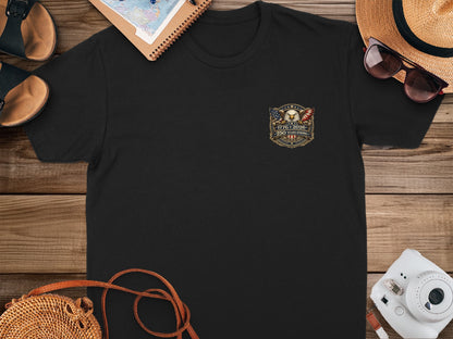 Black t-shirt with embroidered eagle, US flag, and "250 Years" text.
