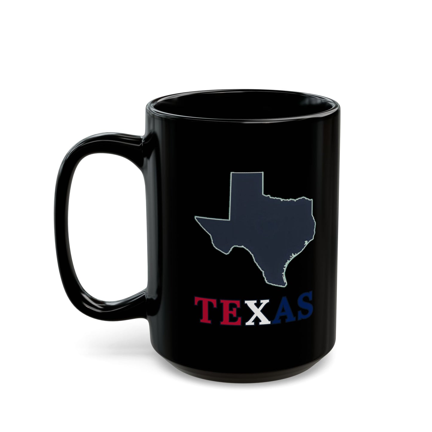 Black mug with Texas outline and "TEXAS" text in red, white, and blue.