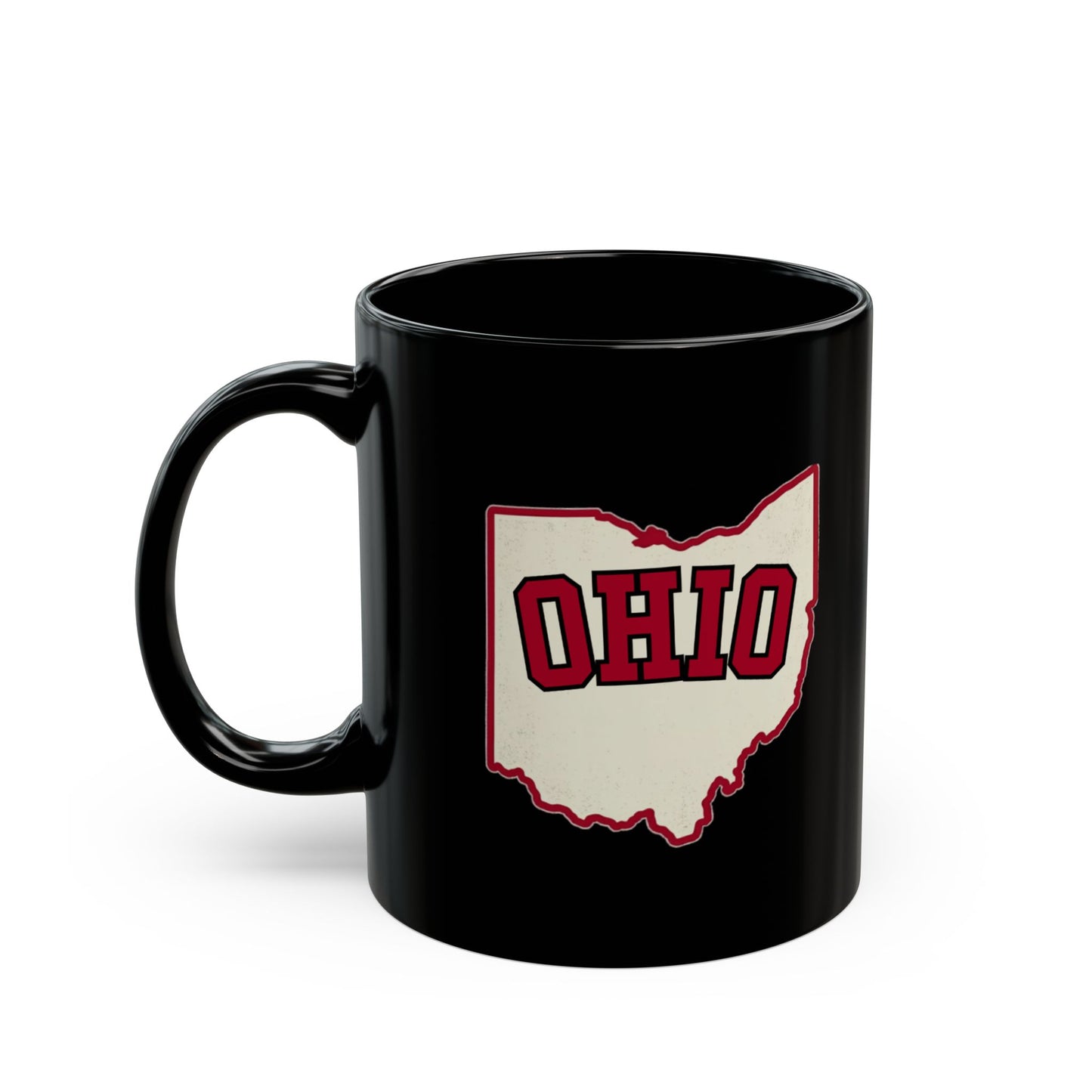 Black mug with a cream-colored Ohio outline and bold red "OHIO" text.