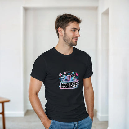 Woman wearing a black t-shirt with a colorful graphic design on a blurred street background