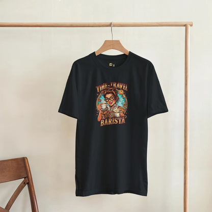 Time-Travel Barista graphic design on a Heavyweight T-shirt