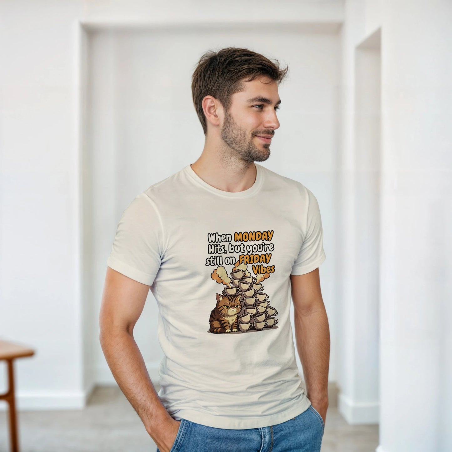 When MONDAY Hits, But You're Still On FRIDAY Vibes Cat on a Heavyweight T on a shirt