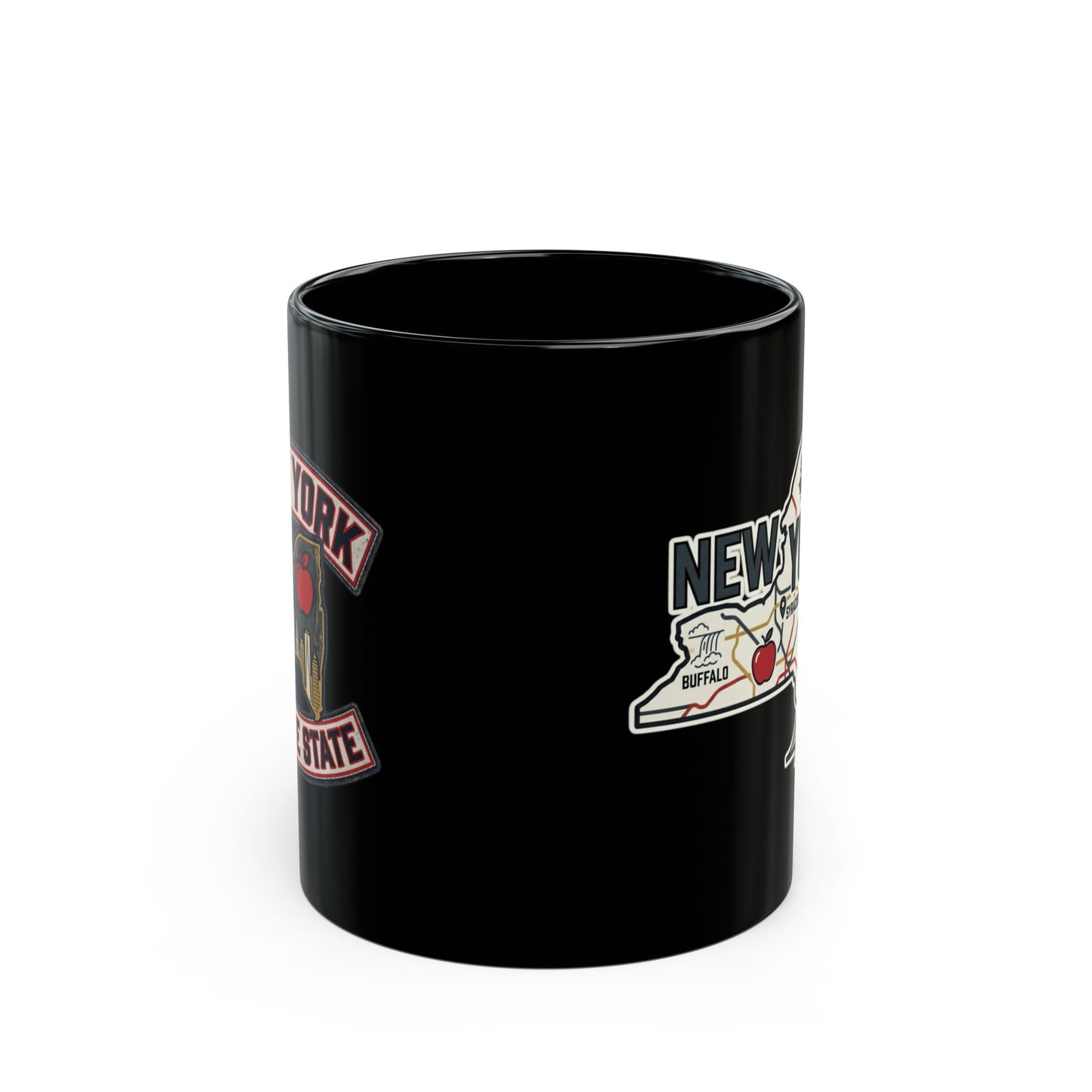 Black mug with New York State, Buffalo, and apple designs.